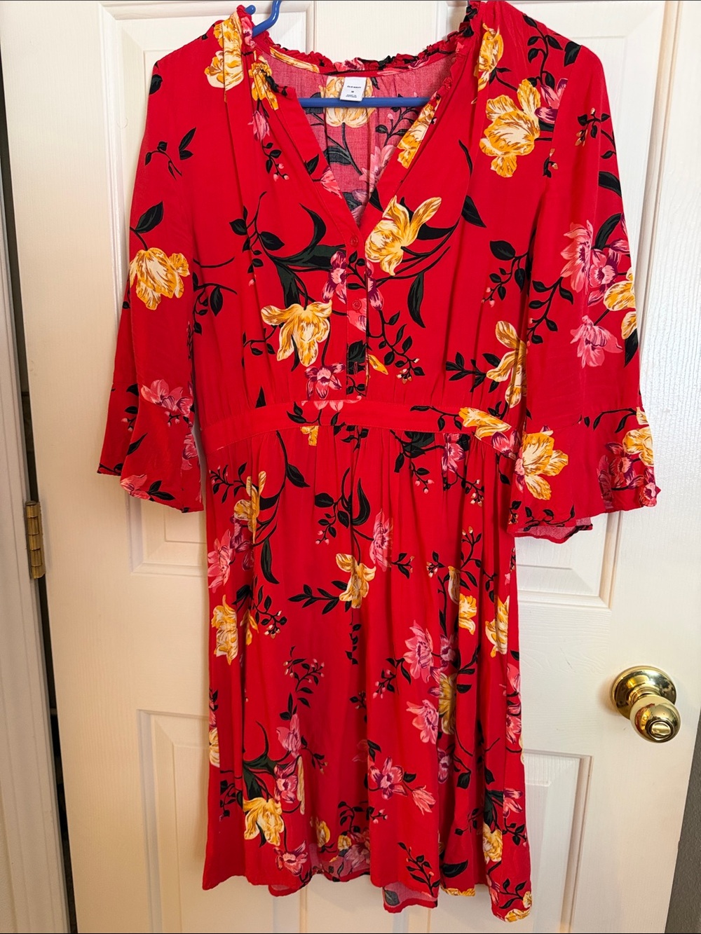 Old Navy Red Floral Midi Dress with Yellow & Pink Blooms